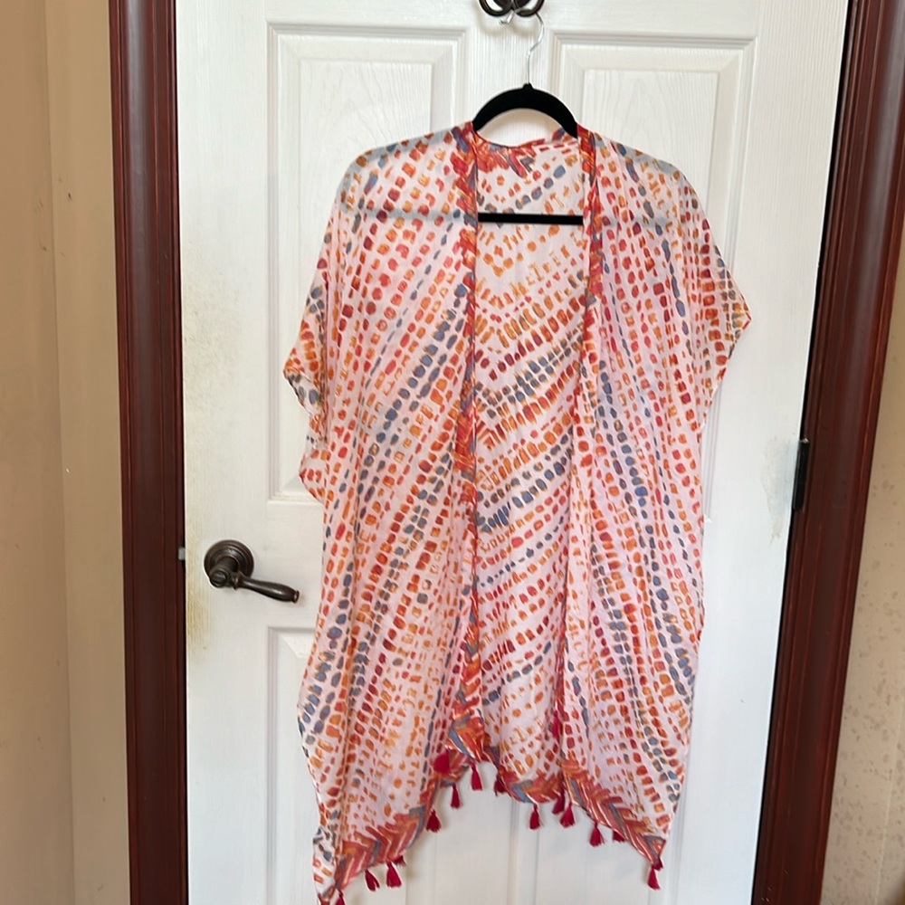 Women's White Tie-Dye Tassel Swim Coverup with Orange & Blue Accents